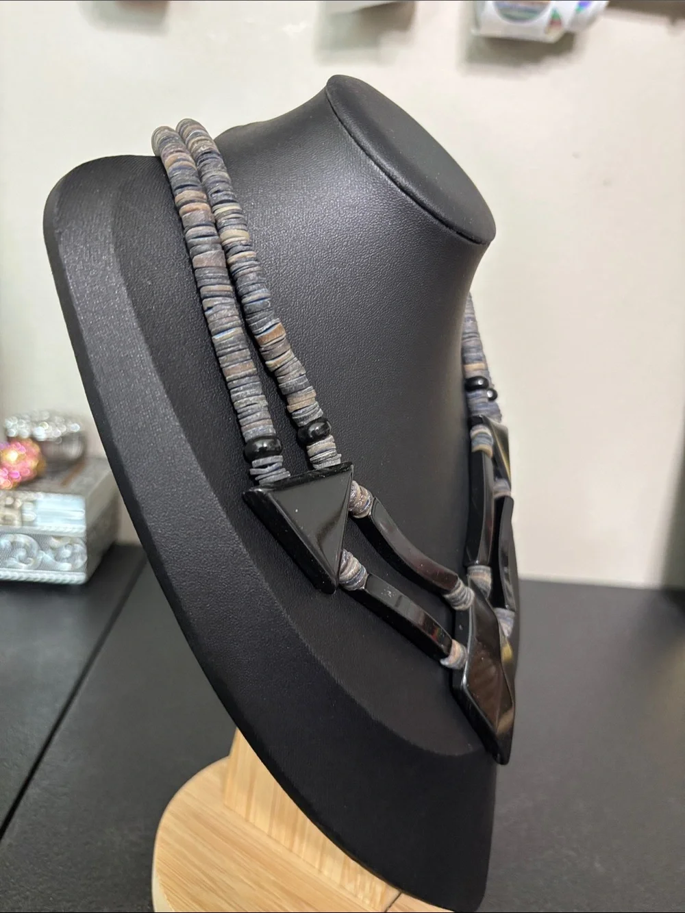 Vintage Handcrafted Resin Coconut Black Geometric Statement Necklace